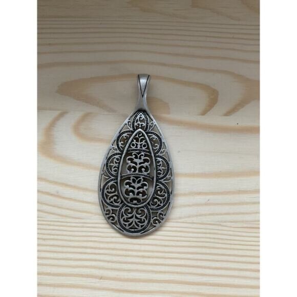 Antique-Style Silver Teardrop Pendant Open Intricate Filigree Design - Picture 1 of 5
